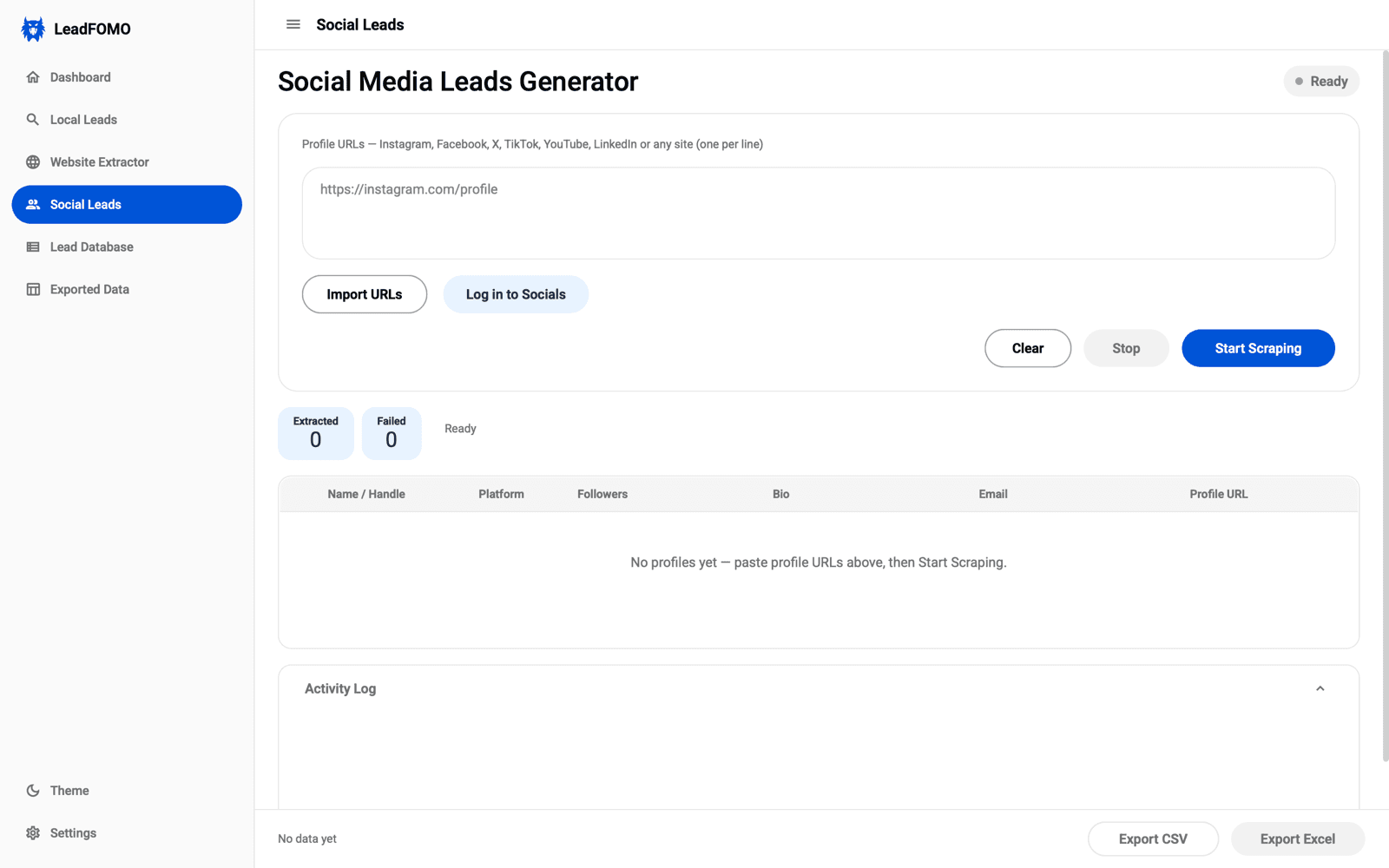 LeadFOMO Social Leads tool for organising supported public business profile information from profile URLs you provide