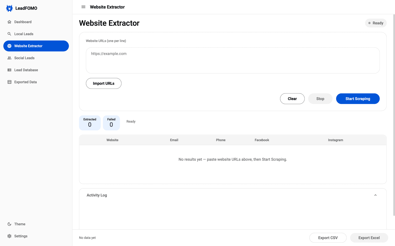 LeadFOMO Website Extractor tool where you paste website URLs to review publicly displayed contact details and social links
