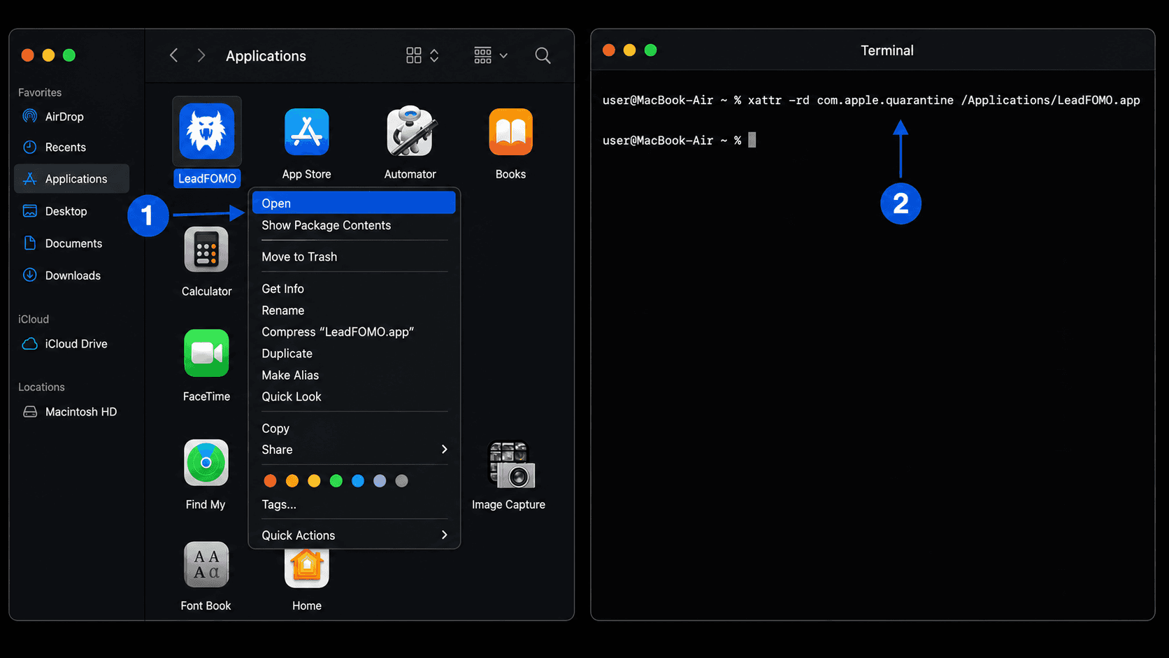 Two-panel macOS tutorial showing Control-click Open in Finder and the per-app xattr quarantine command in Terminal, shown in dark mode