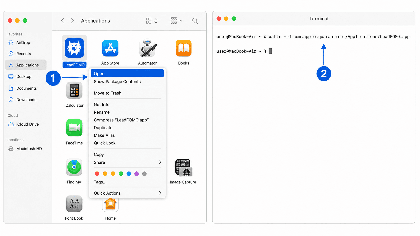 Two-panel macOS tutorial showing Control-click Open in Finder and the per-app xattr quarantine command in Terminal