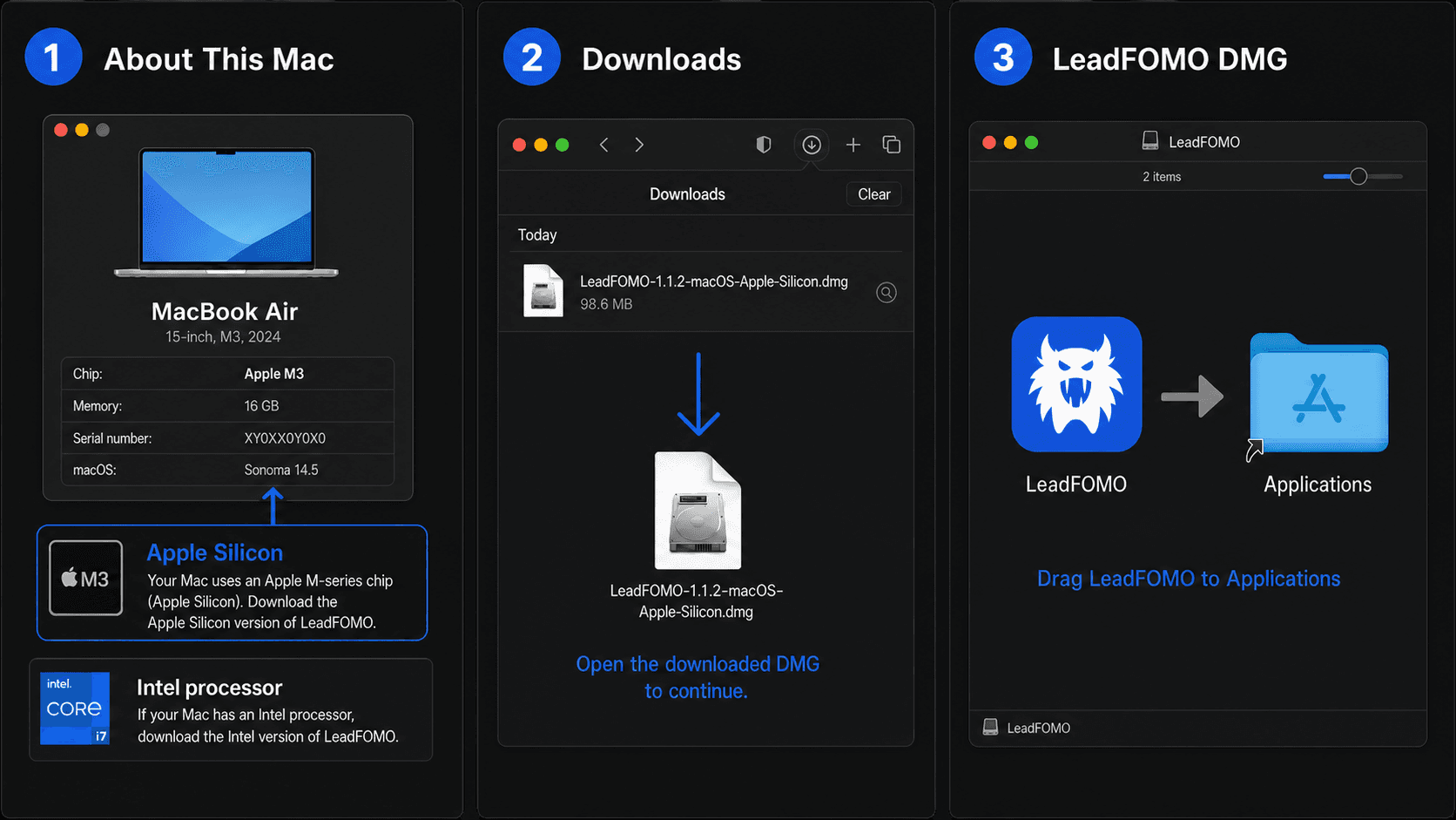 Three-panel macOS tutorial showing how to identify Apple Silicon or Intel, download the correct LeadFOMO DMG, and drag LeadFOMO into Applications, shown in dark mode