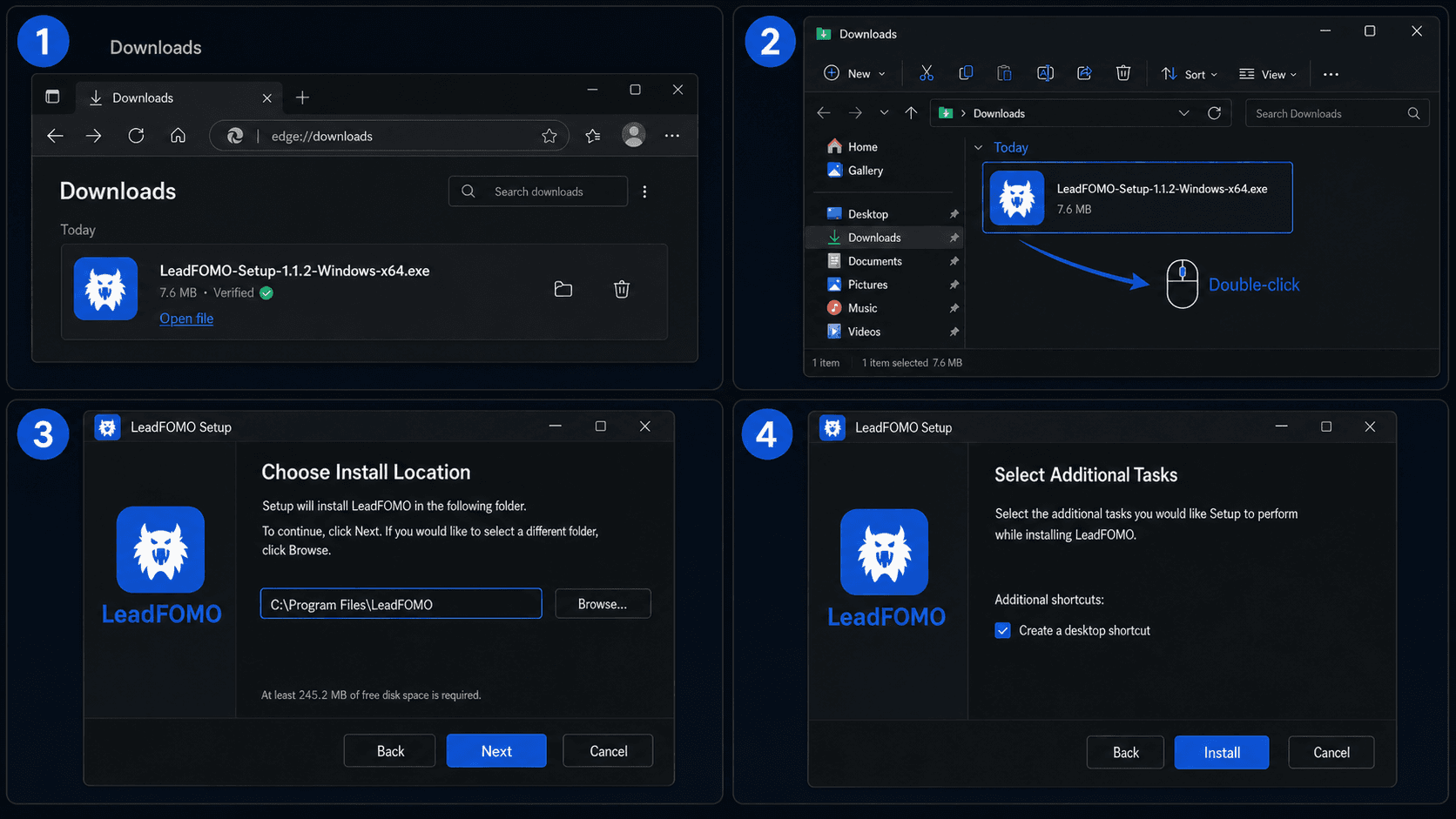 Four-panel Windows 11 tutorial showing the LeadFOMO download, opening the installer, choosing the installation folder, and creating a desktop shortcut, shown in dark mode
