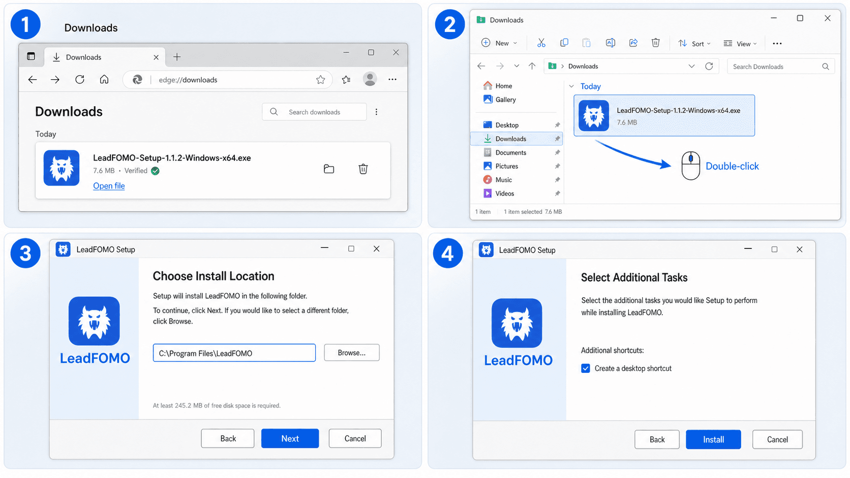 Four-panel Windows 11 tutorial showing the LeadFOMO download, opening the installer, choosing the installation folder, and creating a desktop shortcut