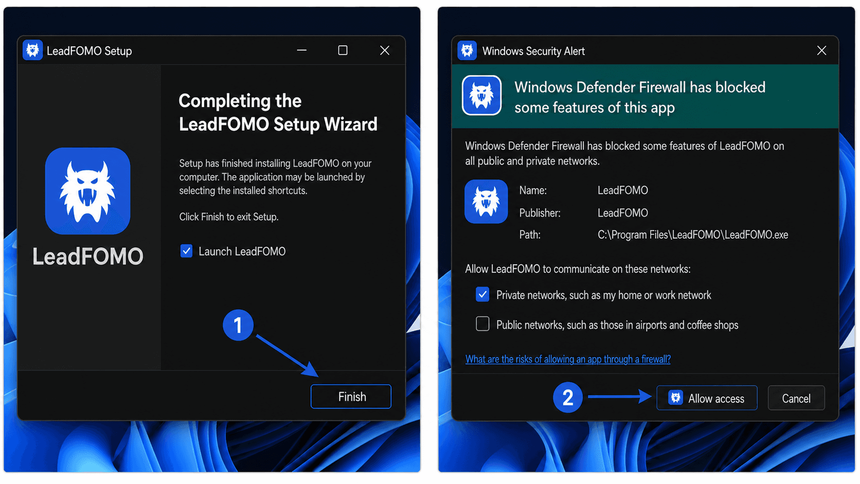 Windows 11 tutorial showing the final LeadFOMO setup screen and the Windows Firewall private-network permission, shown in dark mode