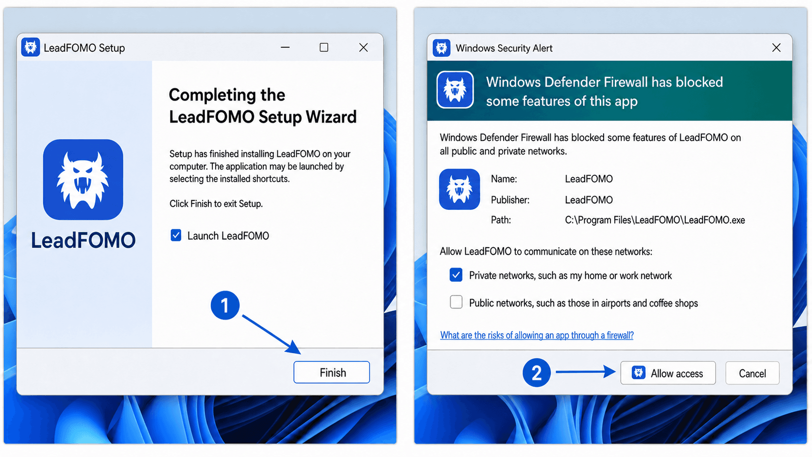 Windows 11 tutorial showing the final LeadFOMO setup screen and the Windows Firewall private-network permission
