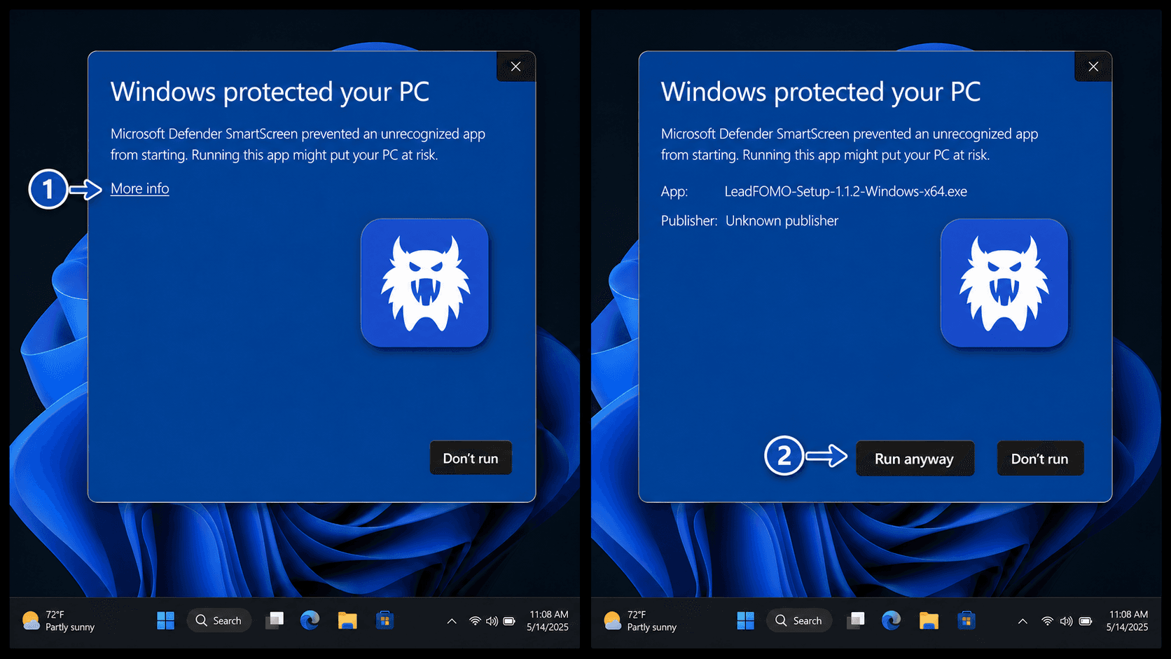 Two-panel Windows 11 SmartScreen tutorial with arrows pointing to More info and Run anyway, shown in dark mode