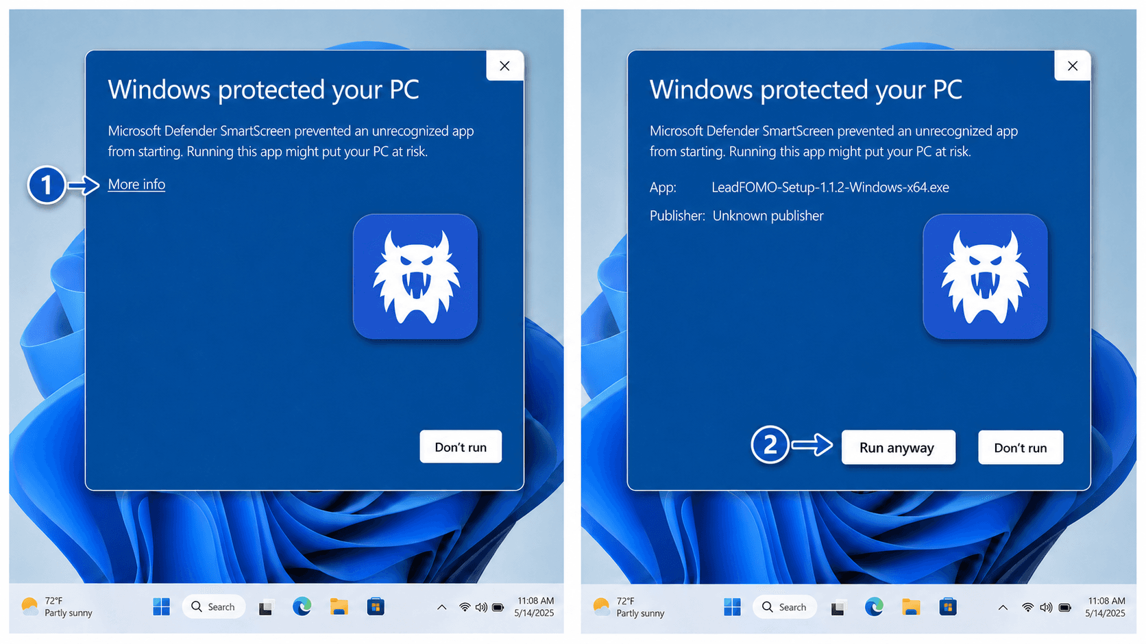 Two-panel Windows 11 SmartScreen tutorial with arrows pointing to More info and Run anyway