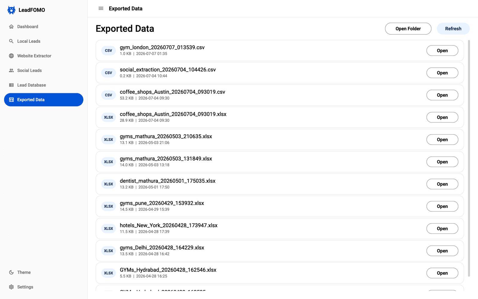 LeadFOMO Exported Data screen listing CSV and Excel files created from saved research records