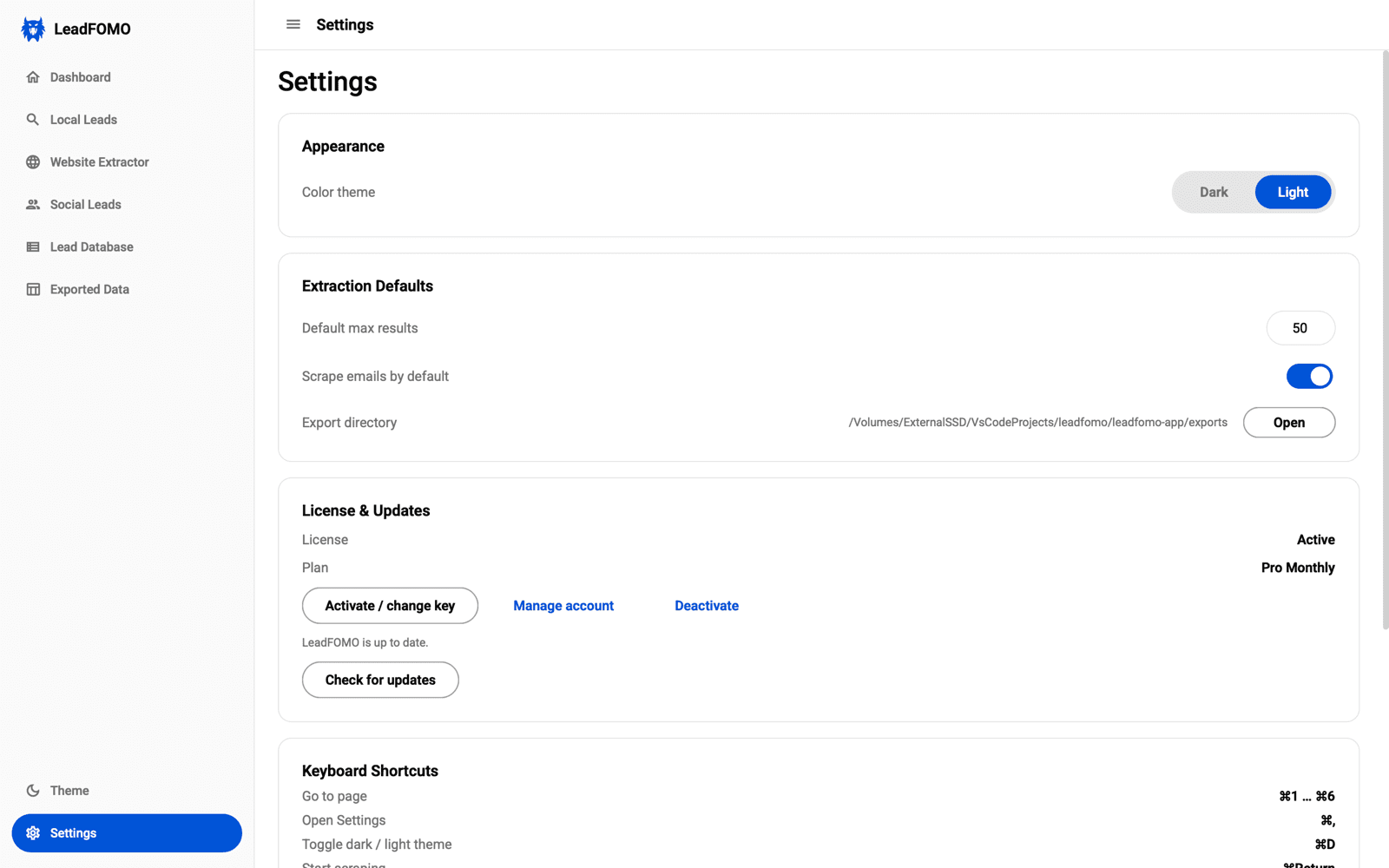 LeadFOMO Settings screen with appearance theme, research defaults, license status, updates, and keyboard shortcuts